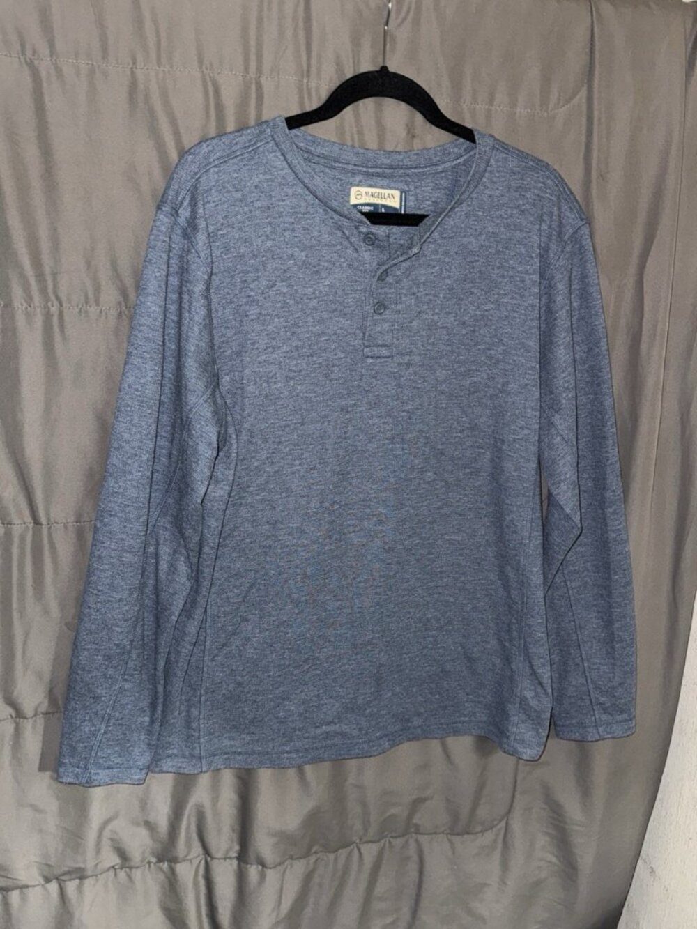 Magellan Classic Fit Men's Gray Cotton Henley Long Sleeve Shirt Size L